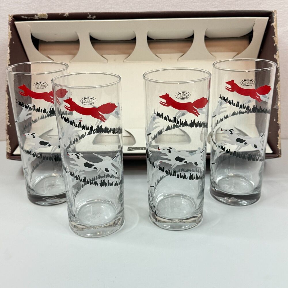 New in Box | Vintage Ocean Thailand | Tally Ho Fox & Hound | 4 Collins Glasses